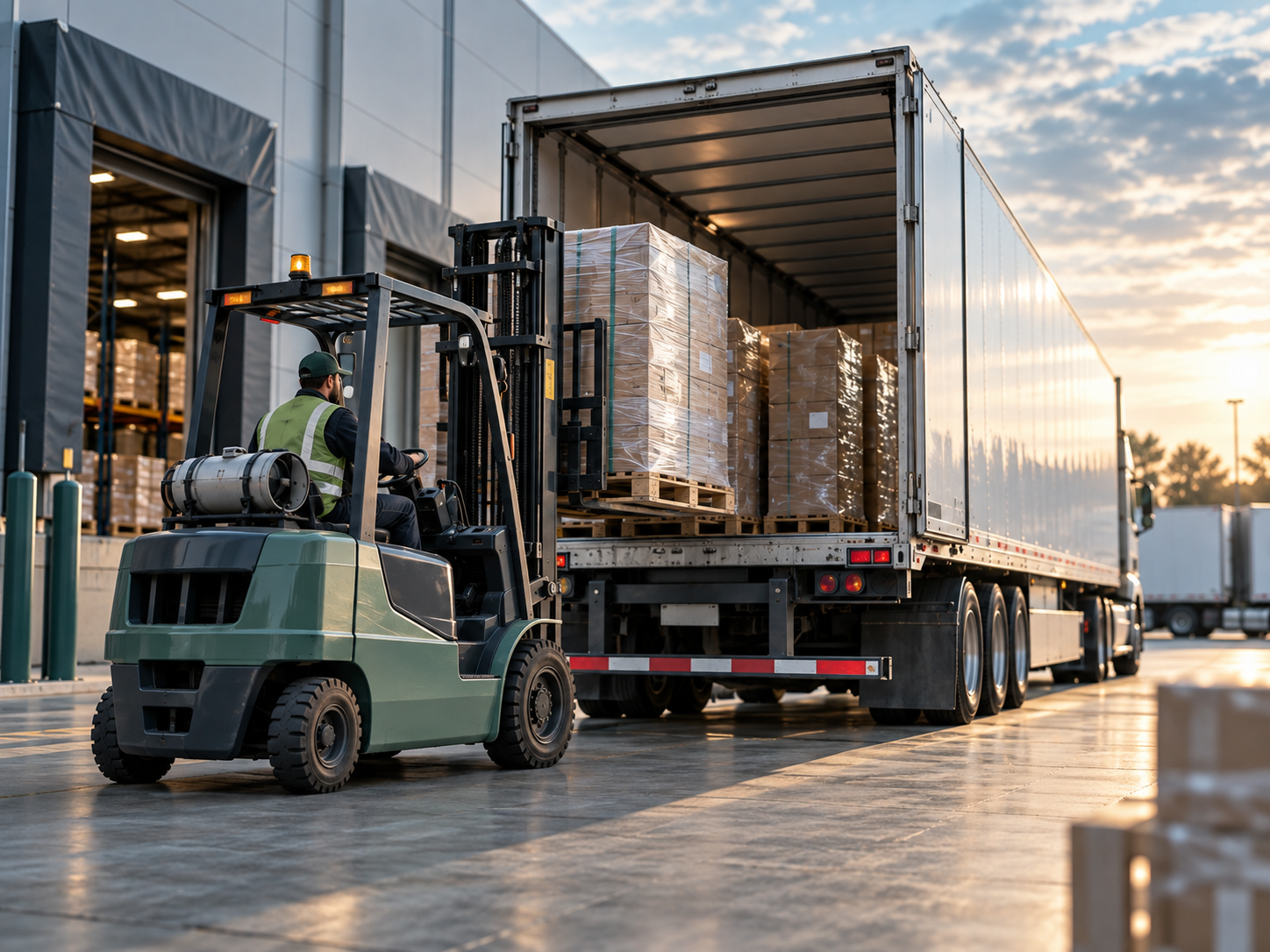 Forklift loading palletized cargo into a semi-trailer at a warehouse