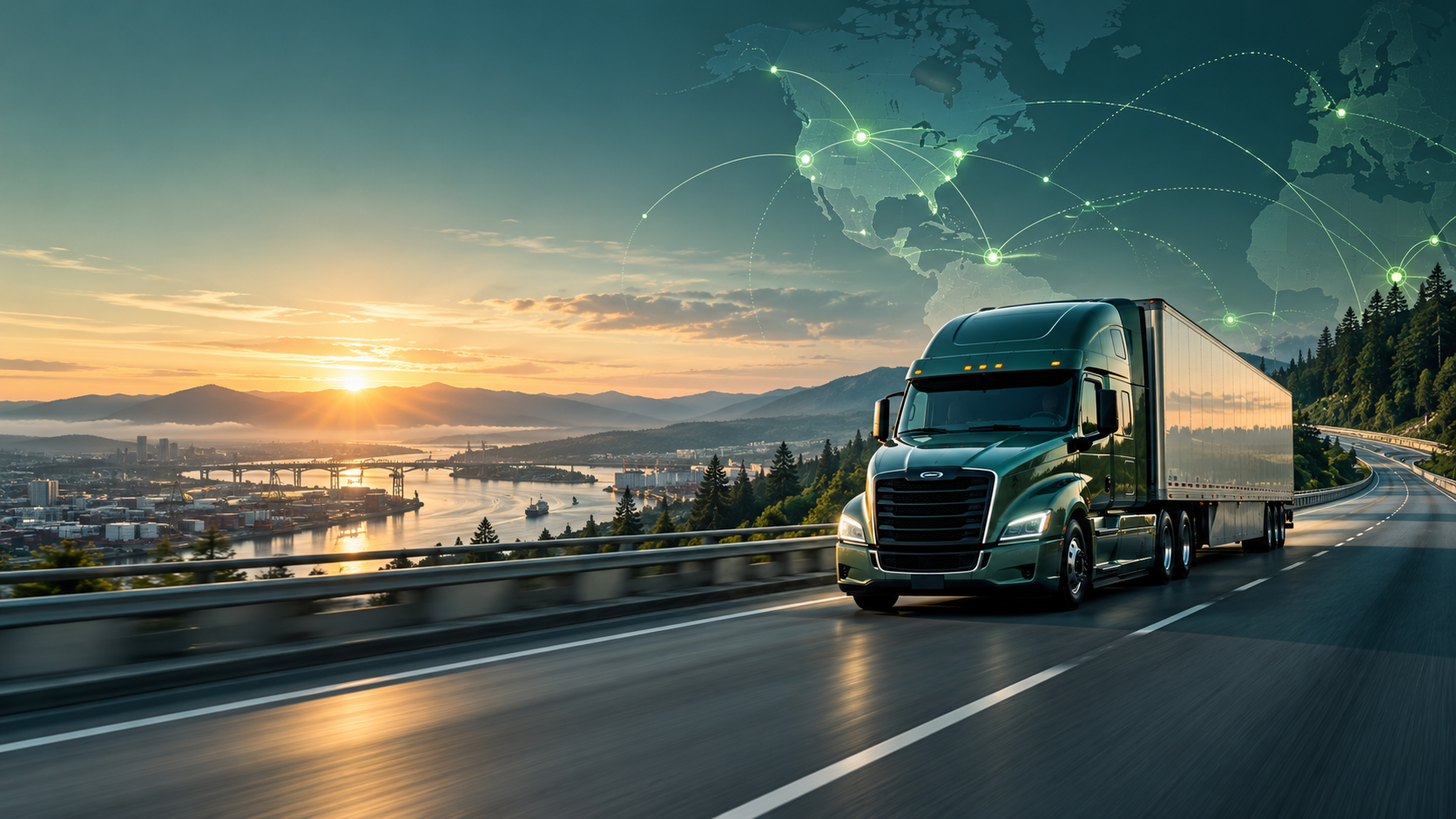 Truck on the highway with a logistics network visualization