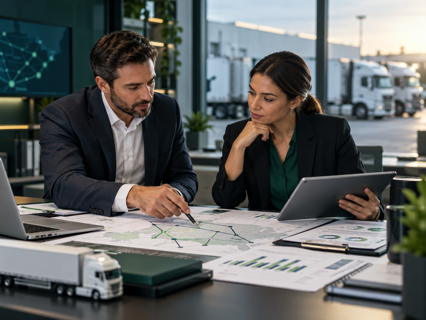 Transportation consultants reviewing a logistics plan